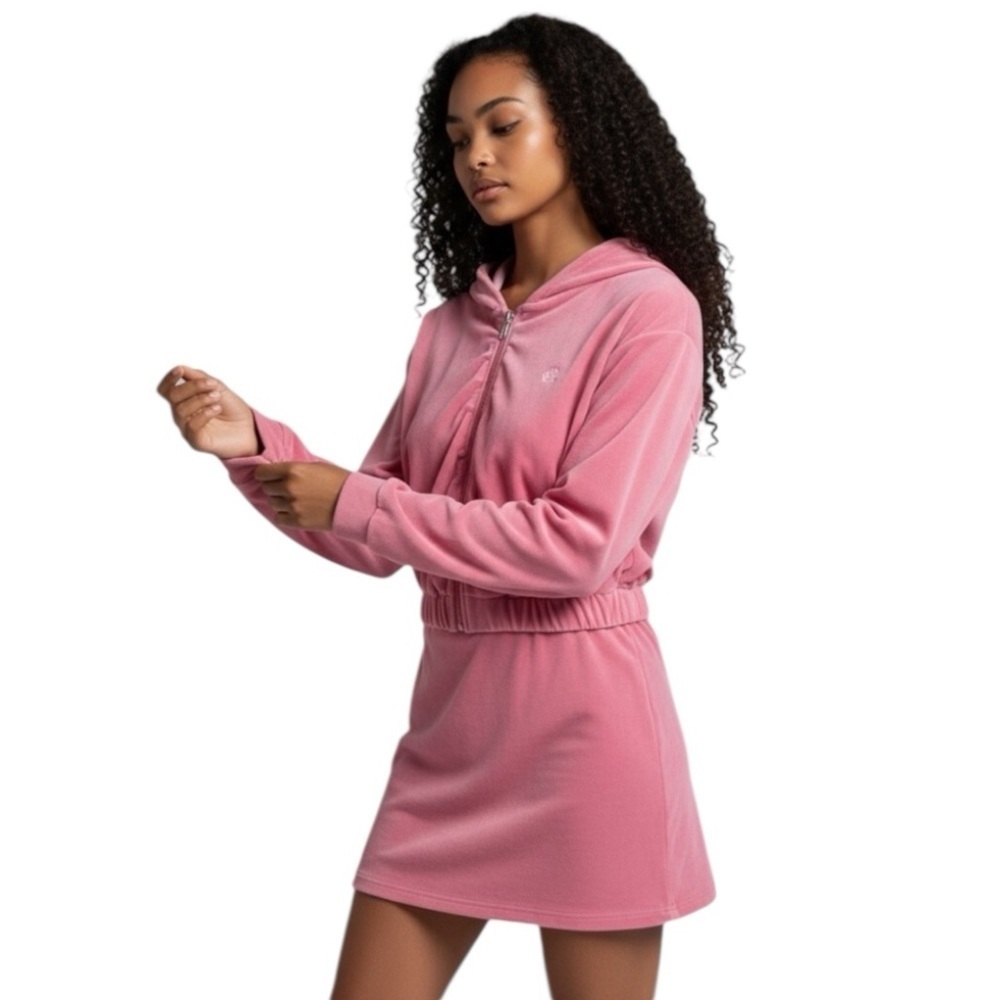 Juicy Couture Pink Velour/Velvet Cropped Hoodie and Skirt Set SZ XXL
